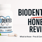editorial review thumbnail with Biodentex ingredients supplement, large product bottle on left, headline HONEST REVIEW, 2026, and clean typographic layout