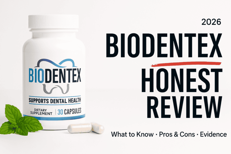 editorial review thumbnail with Biodentex ingredients supplement, large product bottle on left, headline HONEST REVIEW, 2026, and clean typographic layout