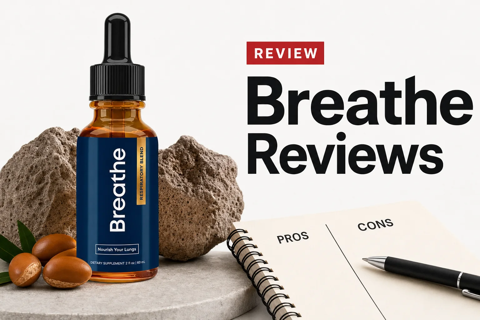 Editorial review thumbnail showing Breathe supplement package and the focus keyword 'breathe reviews'.