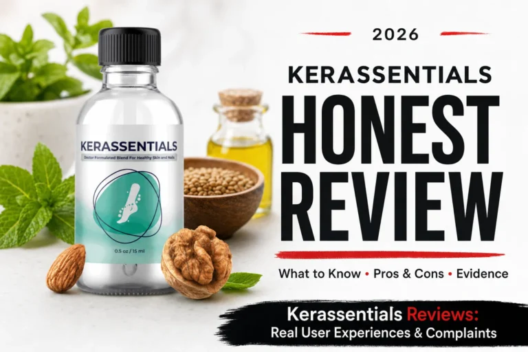 kerassentials reviews editorial thumbnail showing the authentic product package, headline, and 2026 honest review details.