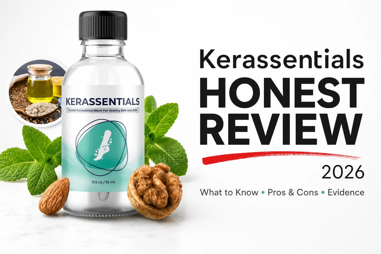 Kerassentials reviews editorial thumbnail showing the product bottle and "HONEST REVIEW" headline