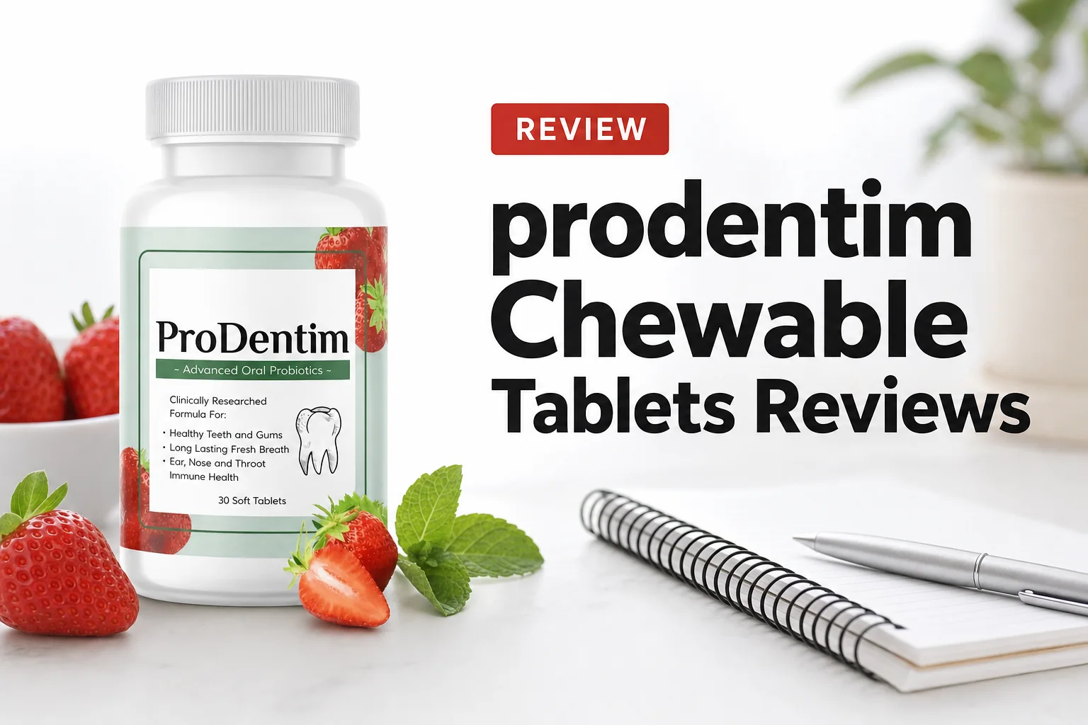 prodentim chewable tablets reviews thumbnail with official package and editorial review design