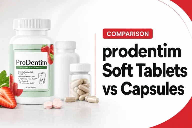 prodentim soft tablets vs capsules review thumbnail featuring the official ProDentim soft tablets bottle, headline, and honest review highlights
