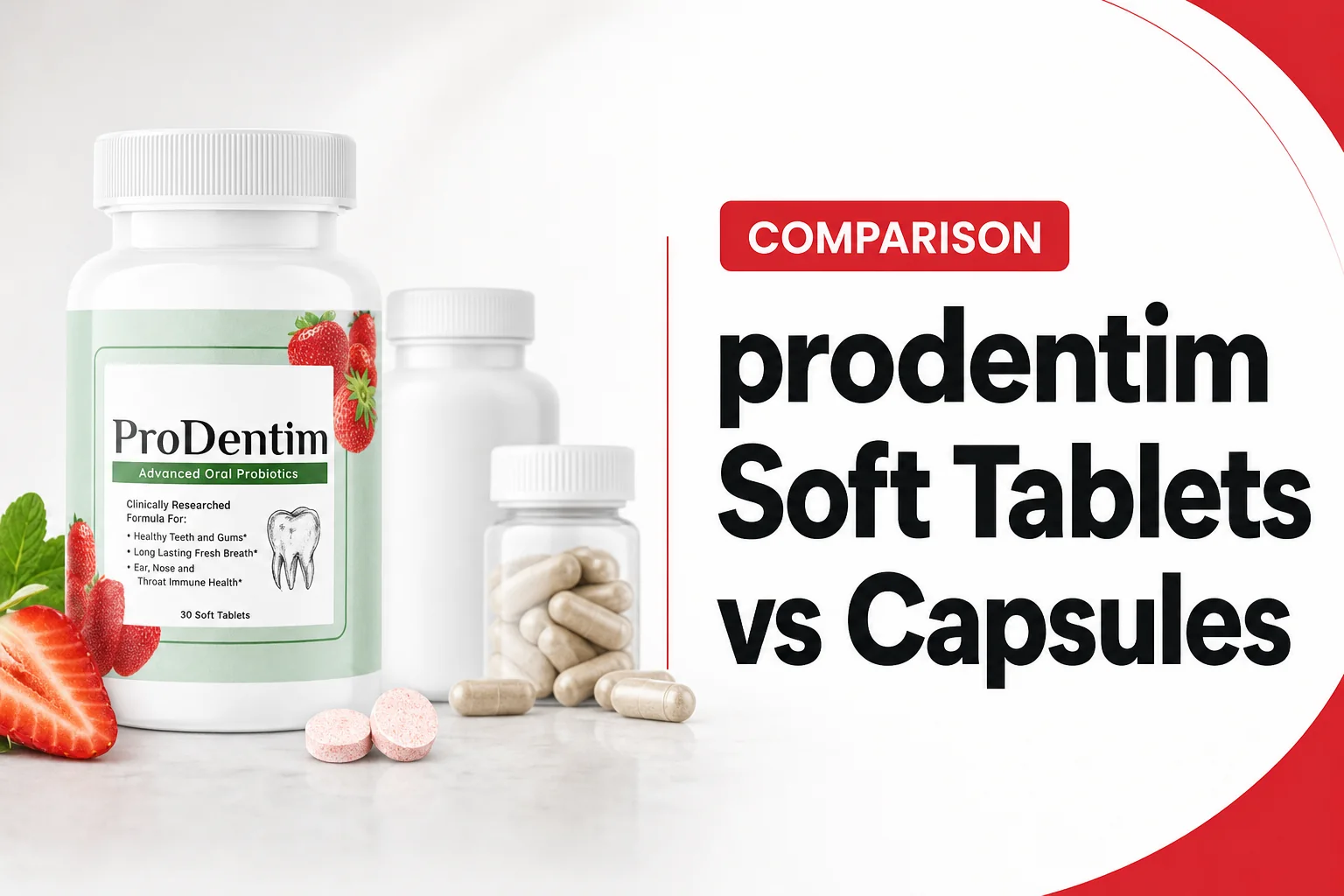 prodentim soft tablets vs capsules review thumbnail featuring the official ProDentim soft tablets bottle, headline, and honest review highlights